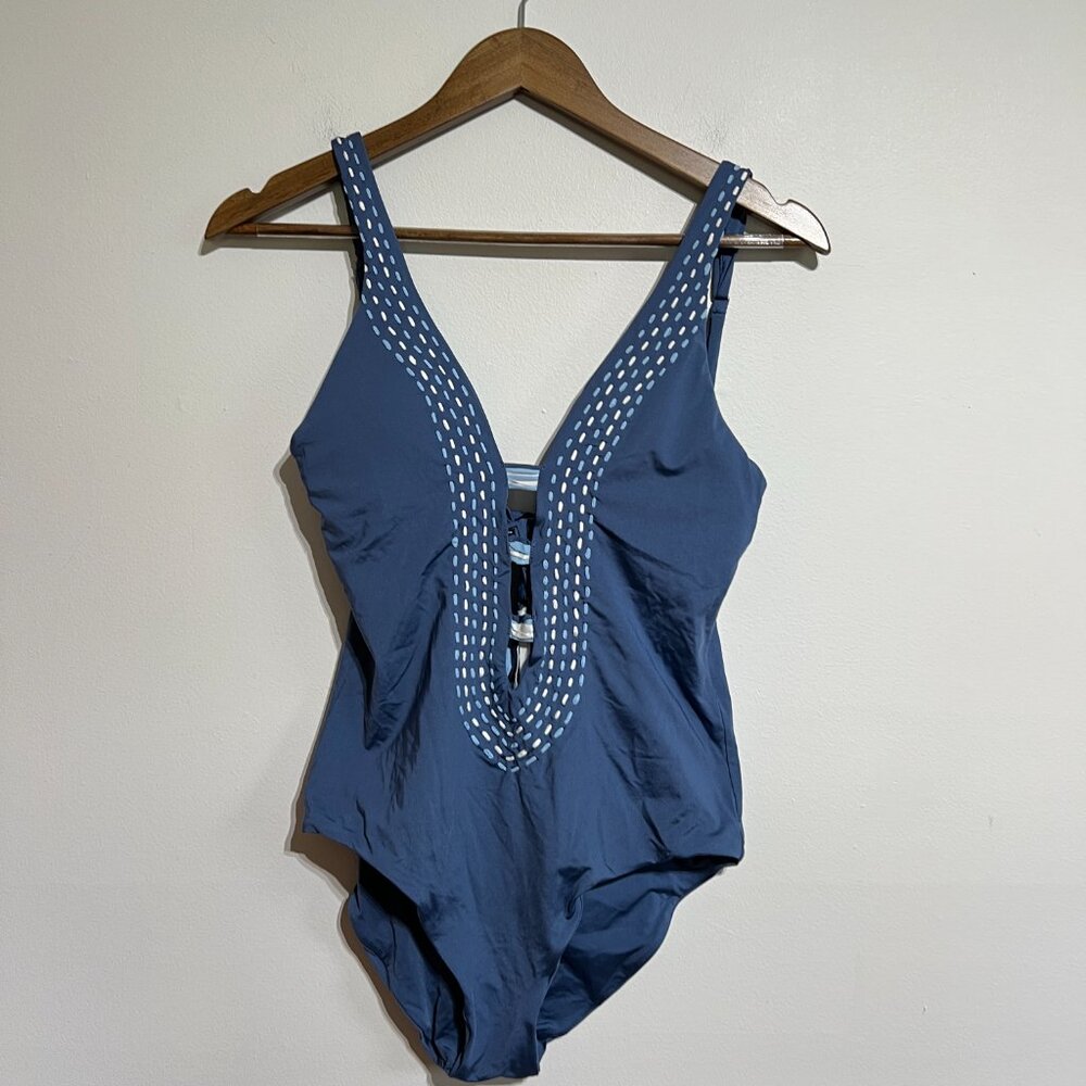Like New BECCA Blue Detailed One Piece Swimsuit Plunge Neck, Medium - Picture 3 of 8